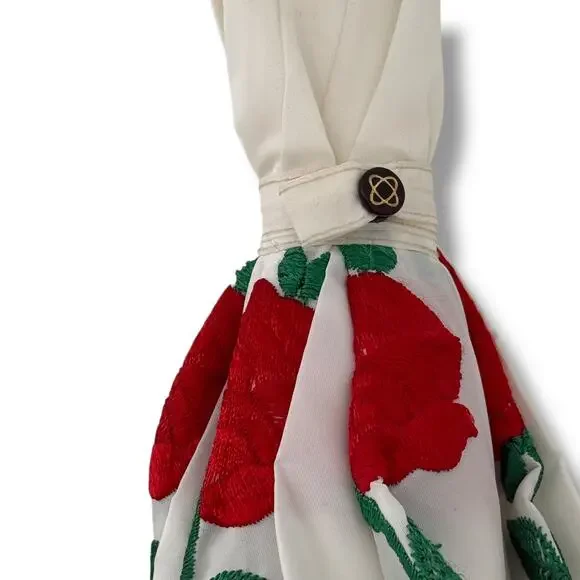 Vtg Saks Fifth Avenue Parasol Umbrella Red Rose Embroidered NOS Pinup Glam Photo